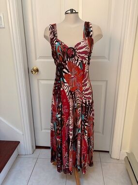 Tribal Multicolor Abstract Ring-Accent MIDI  Dress in Red, Pink, Teal and Brown